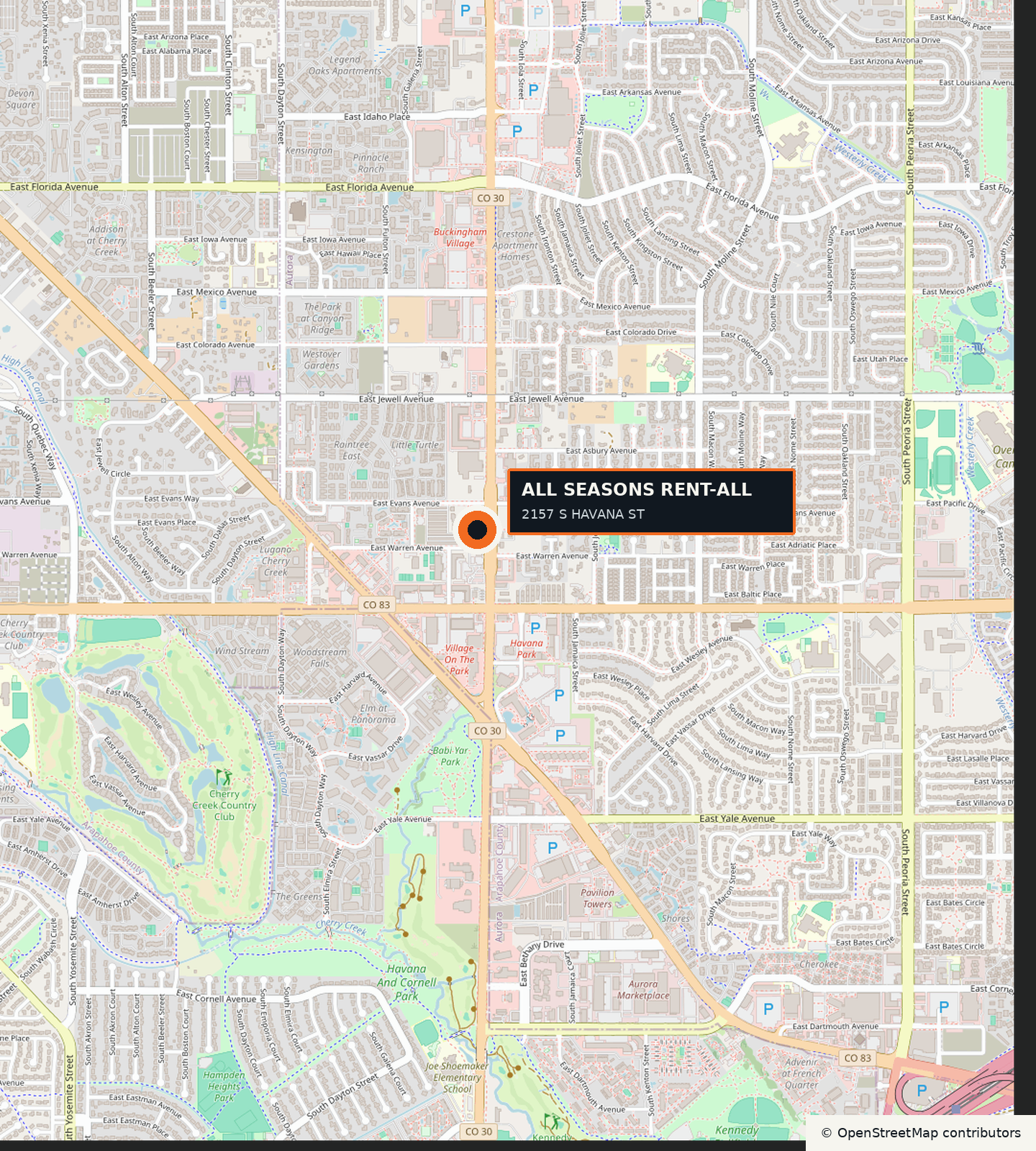 OpenStreetMap locality map marking All Seasons Rent-All at 2157 South Havana Street in Aurora